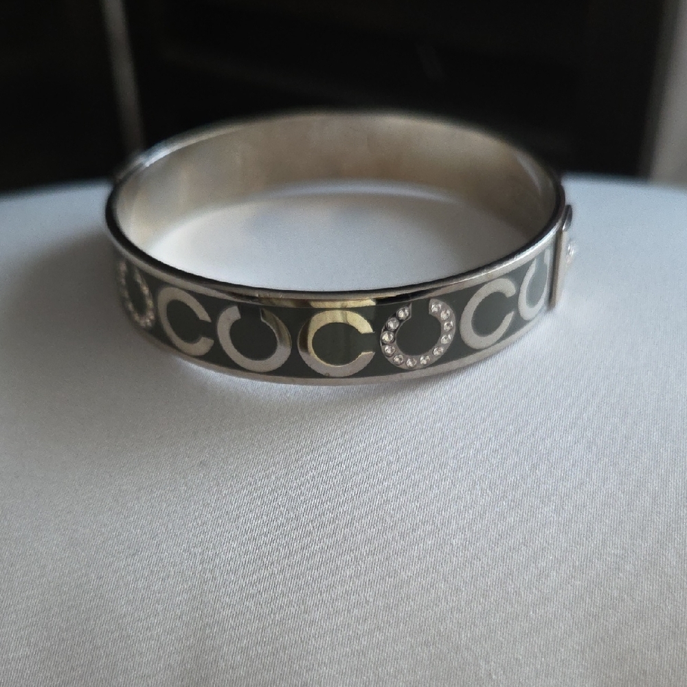Coach Dark Gray And Silver Signature C Enamel Bangle with Crystal Detail